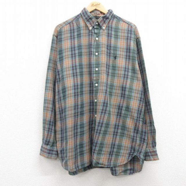 XL★古着 ラルフローレン Ralph Lauren 長袖 ブランド シャツ メンズ 90年代 90s ワンポイントロゴ MCMEEL 大きいサイズ コットン ボタンダウン 緑他 グリーン チェック 【spe】 25mar21 中古 トップス