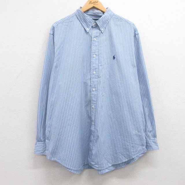 XL★古着 ラルフローレン Ralph Lauren 長袖 ブランド シャツ メンズ 90年代 90s ワンポイントロゴ 大きいサイズ コットン ボタンダウン 薄紺他 ネイビー ストライプ 25mar21 中古 トップス