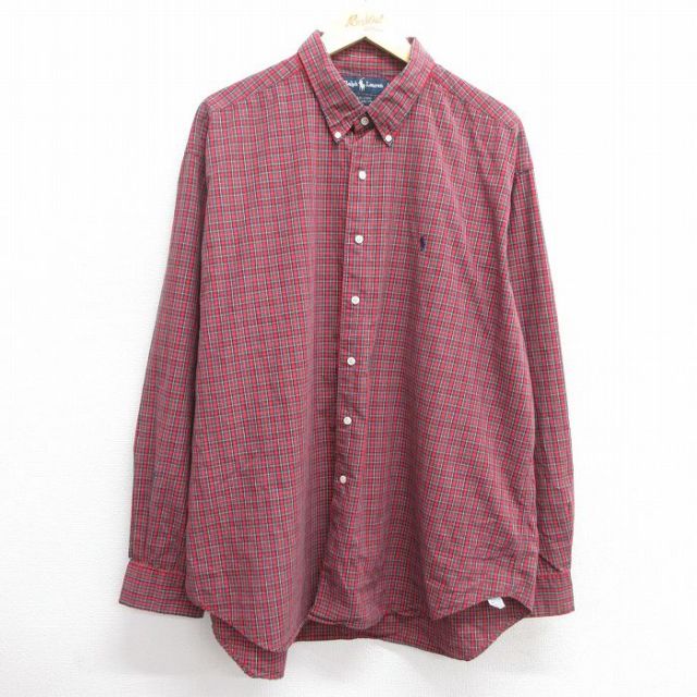 【50%OFF】XL★古着 ラルフローレン Ralph Lauren 長袖 ブランド シャツ メンズ 90年代 90s MARLOWE ワンポイントロゴ 大きいサイズ ロング丈 コットン ボタンダウン 赤他 レッド チェック 25mar21 中古 トップス