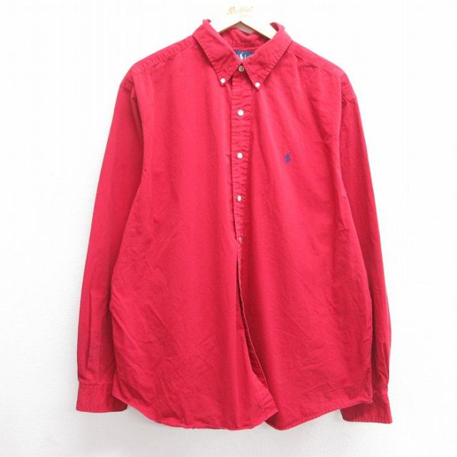 XL★古着 ラルフローレン Ralph Lauren 長袖 ブランド シャツ メンズ 90年代 90s ワンポイントロゴ 大きいサイズ コットン ボタンダウン 赤 レッド 25mar21 中古 トップス