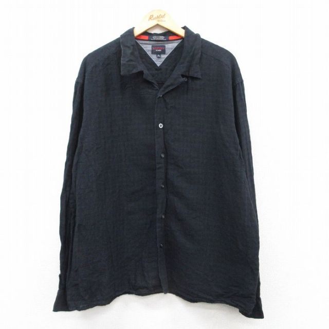 XL★古着 トミーヒルフィガー TOMMY HILFIGER トミージーンズ 長袖 ブランド シャツ メンズ 大きいサイズ リネン 開襟 オープンカラー 黒 ブラック 【spe】 25mar22 中古 トップス