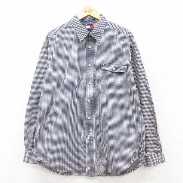 XL★古着 トミーヒルフィガー TOMMY HILFIGER 長袖 ブランド シャツ メンズ 90年代 90s ワンポイントロゴ コットン 紺他 ネイビー チェック 25mar22 中古 トップス