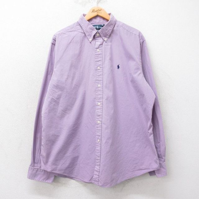 XL★古着 ラルフローレン Ralph Lauren 長袖 ブランド シャツ メンズ 90年代 90s ワンポイントロゴ 大きいサイズ コットン ボタンダウン 薄紫 パープル 25mar24 中古 トップス