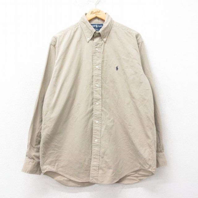XL★古着 ラルフローレン Ralph Lauren 長袖 ブランド シャツ メンズ 90年代 90s BLAKE ワンポイントロゴ コットン ボタンダウン ベージュ カーキ 25mar24 中古 トップス