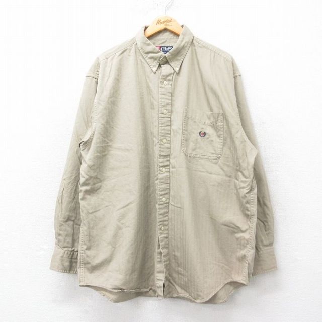 【20%OFF】XL★古着 ラルフローレン Ralph Lauren チャップス 長袖 ブランド シャツ メンズ 90年代 90s ワンポイントロゴ ヘリンボーン 大きいサイズ ロング丈 コットン ボタンダウン ベージュ カーキ 25mar24 中古 トップス