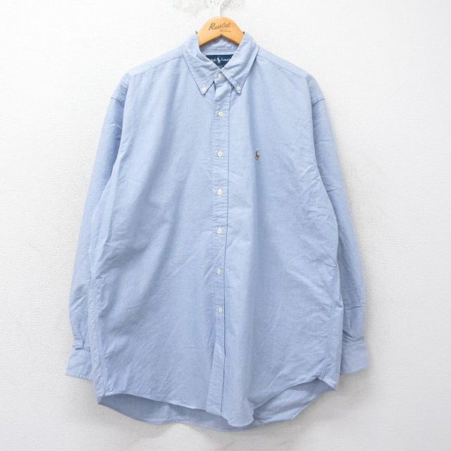 XL★古着 ラルフローレン Ralph Lauren 長袖 ブランド シャツ メンズ 90年代 90s BLAKE ワンポイントロゴ オックスフォード 大きいサイズ コットン ボタンダウン 薄紺 ネイビー 25mar24 中古 トップス
