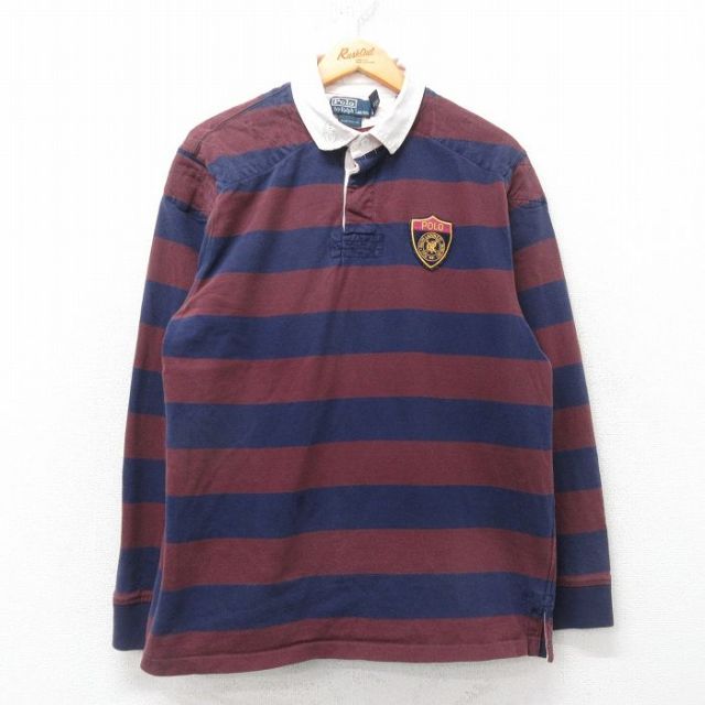 L★古着 ラルフローレン Ralph Lauren 長袖 ブランド ラガー シャツ メンズ ワンポイントロゴ コットン 紺他 ネイビー ボーダー 25mar24 中古 トップス