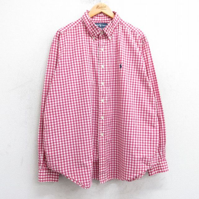 XL★古着 ラルフローレン Ralph Lauren 長袖 ブランド シャツ メンズ 90年代 90s ワンポイントロゴ 大きいサイズ コットン ボタンダウン ピンク他 ギンガム チェック 25mar24 中古 トップス