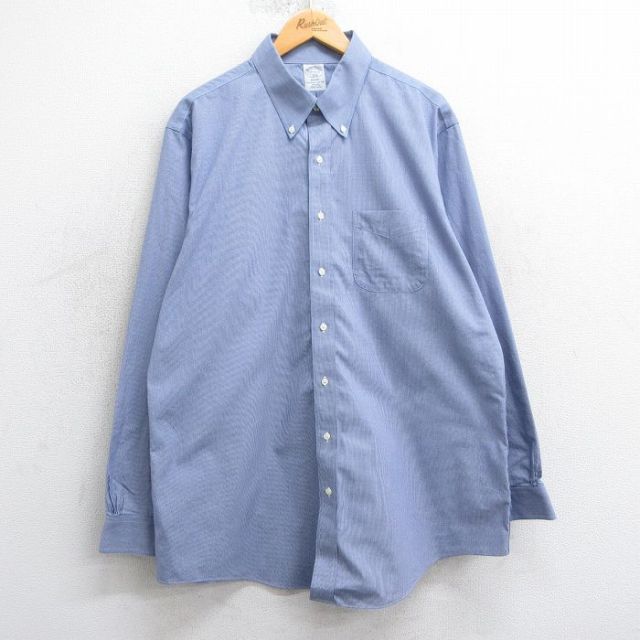 XL★古着 ブルックスブラザーズ BROOKS BROTHERS 長袖 ブランド シャツ メンズ 90年代 90s 千鳥格子 大きいサイズ ロング丈 コットン ボタンダウン 紺他 ネイビー 25mar24 中古 トップス