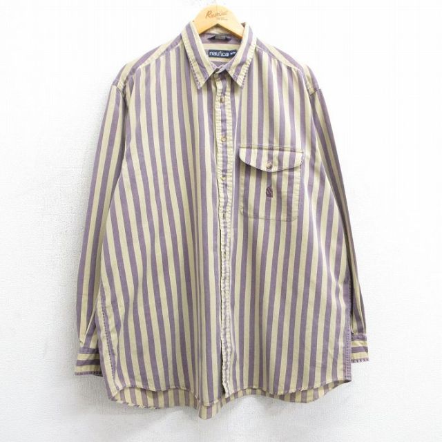 XL★古着 ノーティカ NAUTICA 長袖 ブランド シャツ メンズ 90年代 90s ワンポイントロゴ 大きいサイズ コットン ベージュ系他 カーキ ストライプ 25mar24 中古 トップス