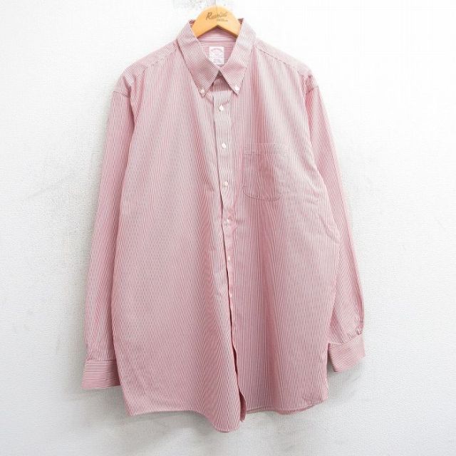 XL★古着 ブルックスブラザーズ BROOKS BROTHERS 長袖 ブランド シャツ メンズ 90年代 90s 大きいサイズ ロング丈 コットン ボタンダウン 赤他 レッド ストライプ 25mar24 中古 トップス