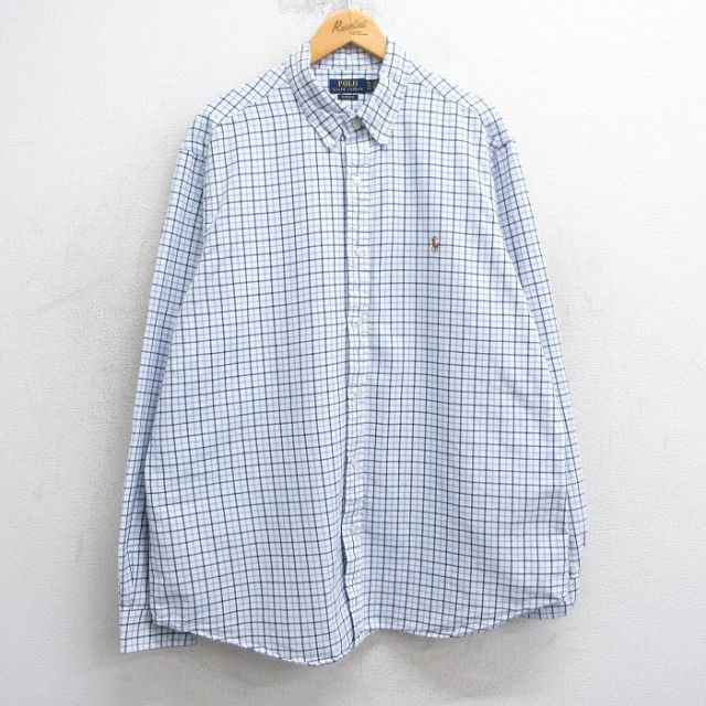 XL★古着 ラルフローレン Ralph Lauren 長袖 ブランド シャツ メンズ ワンポイントロゴ オックスフォード 大きいサイズ ロング丈 コットン ボタンダウン 白他 ホワイト チェック 25mar24 中古 トップス