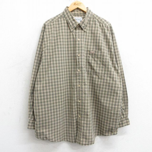 【50%OFF】XL★古着 カーハート Carhartt 長袖 ブランド シャツ メンズ 大きいサイズ ロング丈 コットン ボタンダウン ベージュ他 カーキ チェック 25mar24 中古 トップス
