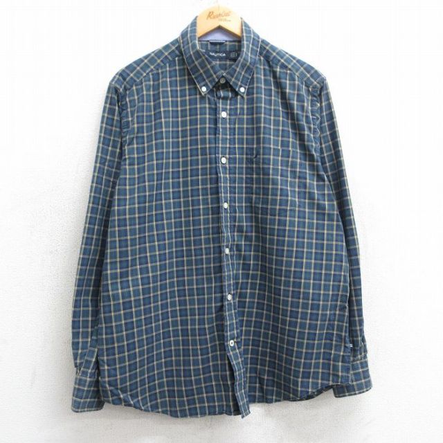 【20%OFF】XL★古着 ノーティカ NAUTICA 長袖 ブランド シャツ メンズ ワンポイントロゴ ボタンダウン 紺他 ネイビー チェック 25mar24 中古 トップス
