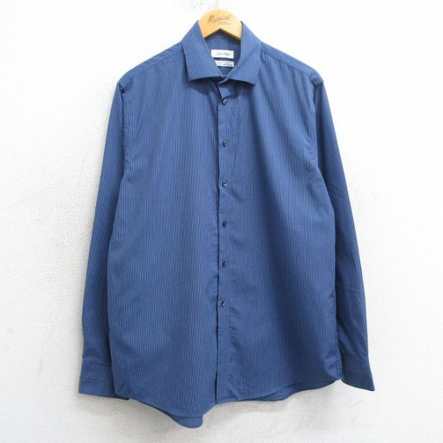 L★古着 カルバンクライン Calvin Klein 長袖 ブランド シャツ メンズ コットン 紺他 ネイビー ストライプ 25mar24 中古 トップス