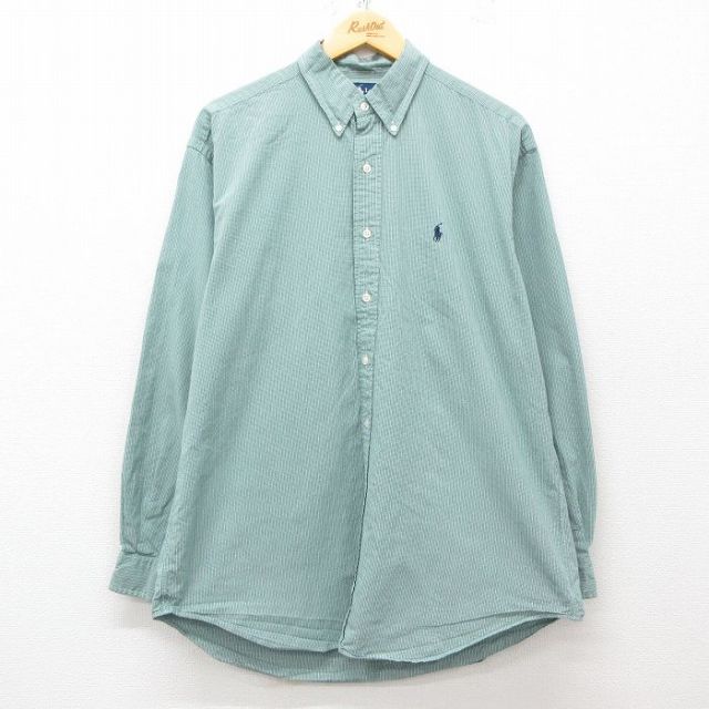 【20%OFF】XL★古着 ラルフローレン Ralph Lauren 長袖 ブランド シャツ メンズ 90年代 90s BLAKE ワンポイントロゴ 大きいサイズ コットン ボタンダウン 緑他 グリーン チェック 25mar24 中古 トップス