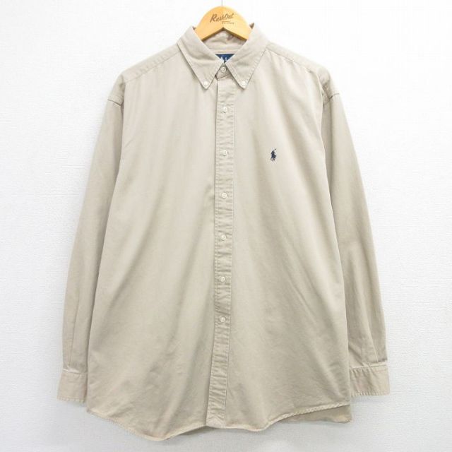 XL★古着 ラルフローレン Ralph Lauren 長袖 ブランド シャツ メンズ 90年代 90s ワンポイントロゴ BLAKE 大きいサイズ ロング丈 コットン ボタンダウン ベージュ カーキ 25mar25 中古 トップス