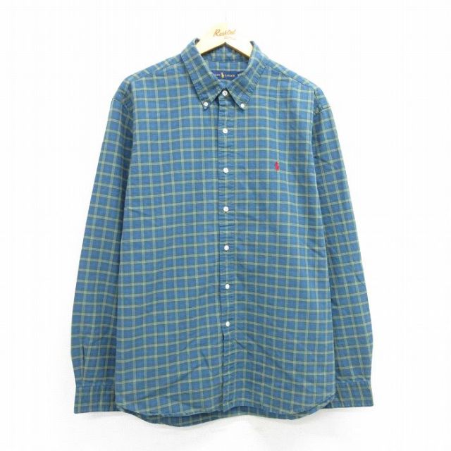 XL★古着 ラルフローレン Ralph Lauren 長袖 ブランド シャツ メンズ ワンポイントロゴ 大きいサイズ コットン ボタンダウン 緑他 グリーン チェック 25mar25 中古 トップス