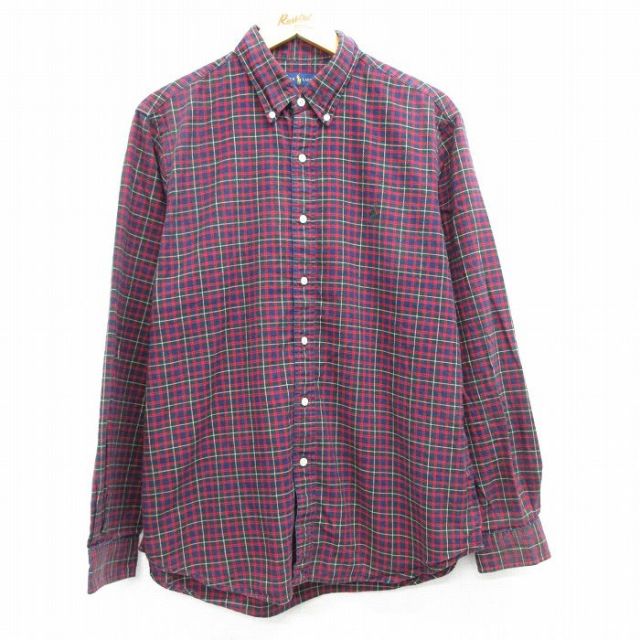 L★古着 ラルフローレン Ralph Lauren 長袖 ブランド シャツ メンズ ワンポイントロゴ コットン ボタンダウン エンジ他 チェック 25mar25 中古 トップス