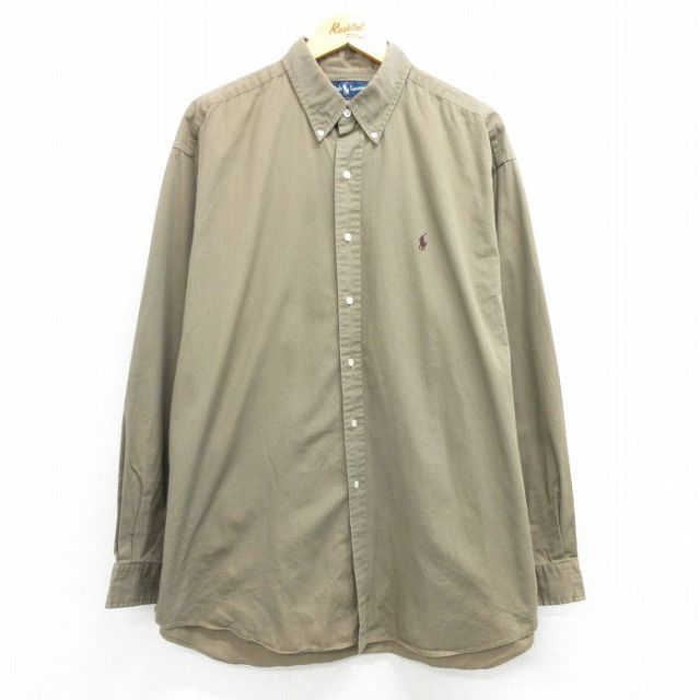 XL★古着 ラルフローレン Ralph Lauren 長袖 ブランド シャツ メンズ 90年代 90s ワンポイントロゴ BLAKE 大きいサイズ ロング丈 コットン ボタンダウン 緑系 グリーン 25mar25 中古 トップス