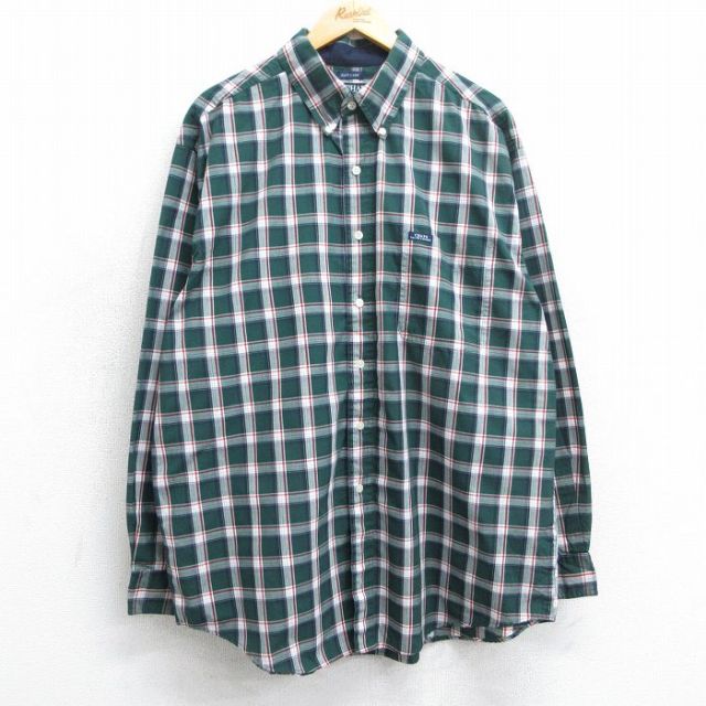 【50%OFF】XL★古着 ラルフローレン Ralph Lauren チャップス 長袖 ブランド シャツ メンズ 90年代 90s ロング丈 ボタンダウン 緑他 グリーン チェック 25mar25 中古 トップス