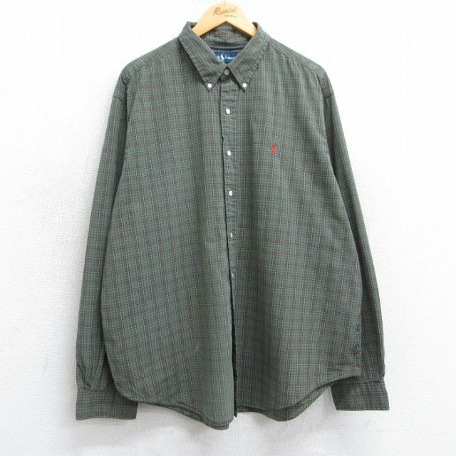 XL★古着 ラルフローレン Ralph Lauren 長袖 ブランド シャツ メンズ 90年代 90s ワンポイントロゴ 大きいサイズ コットン ボタンダウン 濃緑他 グリーン チェック 25mar25 中古 トップス