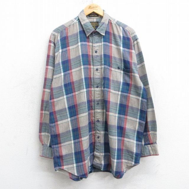 XL★古着 エディーバウアー 長袖 ブランド シャツ メンズ 90年代 90s ロング丈 コットン ベージュ他 カーキ チェック 25mar25 中古 トップス