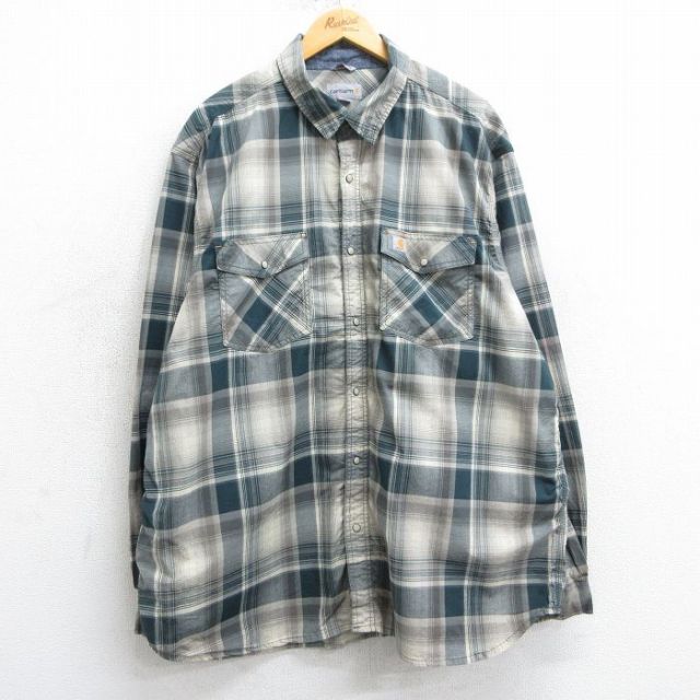 XL★古着 カーハート Carhartt 長袖 ブランド シャツ メンズ 大きいサイズ ロング丈 ベージュ他 カーキ チェック 25mar25 中古 トップス