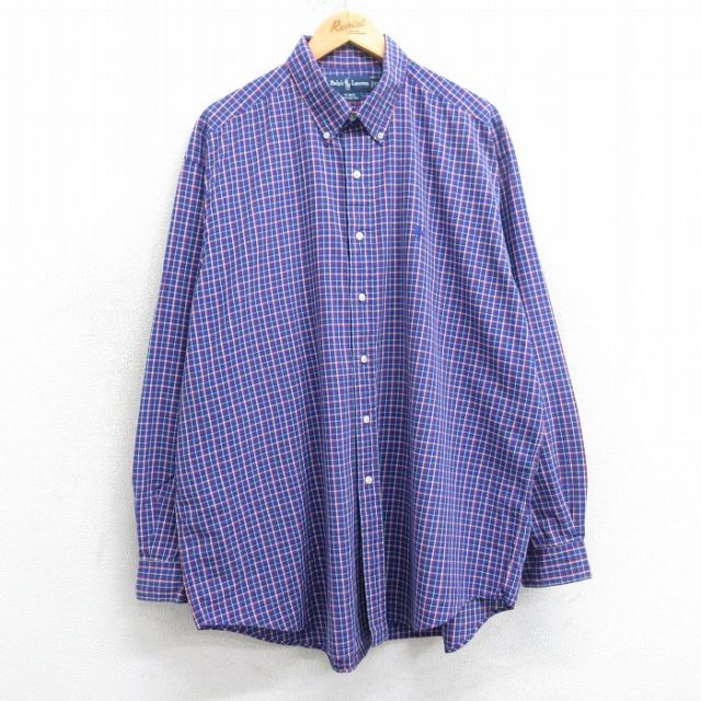 XL★古着 ラルフローレン Ralph Lauren 長袖 ブランド シャツ メンズ 90年代 90s ワンポイントロゴ BLAKE 大きいサイズ ロング丈 コットン ボタンダウン 青他 ブルー チェック 25mar25 中古 トップス