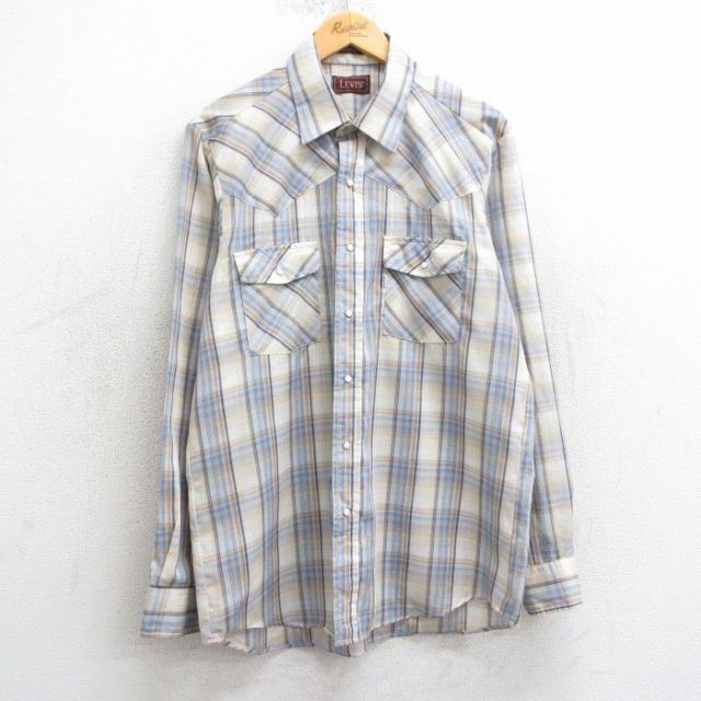 M★古着 リーバイス Levis 長袖 ブランド ウエスタン シャツ メンズ 90年代 90s ロング丈 USA製 薄ベージュ他 カーキ チェック 25mar25 中古 トップス