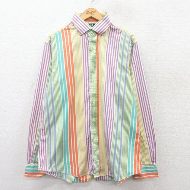 XL★古着 ラルフローレン Ralph Lauren 長袖 ブランド シャツ メンズ 90年代 90s REGENT コットン 黄他 イエロー ストライプ 25mar25 中古 トップス