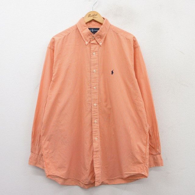 XL★古着 ラルフローレン Ralph Lauren 長袖 ブランド シャツ メンズ 90年代 90s ワンポイントロゴ BLAKE 大きいサイズ ロング丈 コットン ボタンダウン オレンジ他 ギンガム チェック 25mar25 中古 トップス