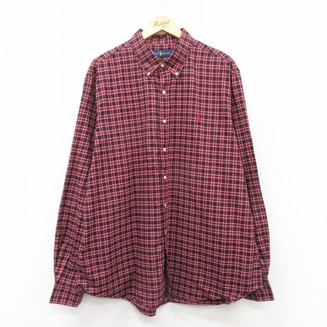 【50%OFF】XL★古着 ラルフローレン Ralph Lauren 長袖 ブランド シャツ メンズ ワンポイントロゴ 大きいサイズ ロング丈 コットン ボタンダウン 黒他 ブラック チェック 25mar25 中古 トップス