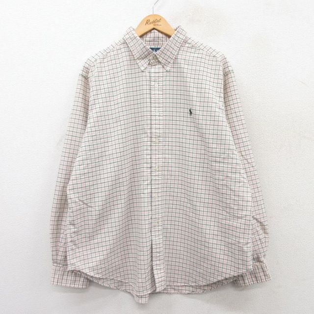 XL★古着 ラルフローレン Ralph Lauren 長袖 ブランド シャツ メンズ 90年代 90s ワンポイントロゴ オックスフォード 大きいサイズ ロング丈 コットン ボタンダウン 白他 ホワイト チェック 25mar25 中古 トップス