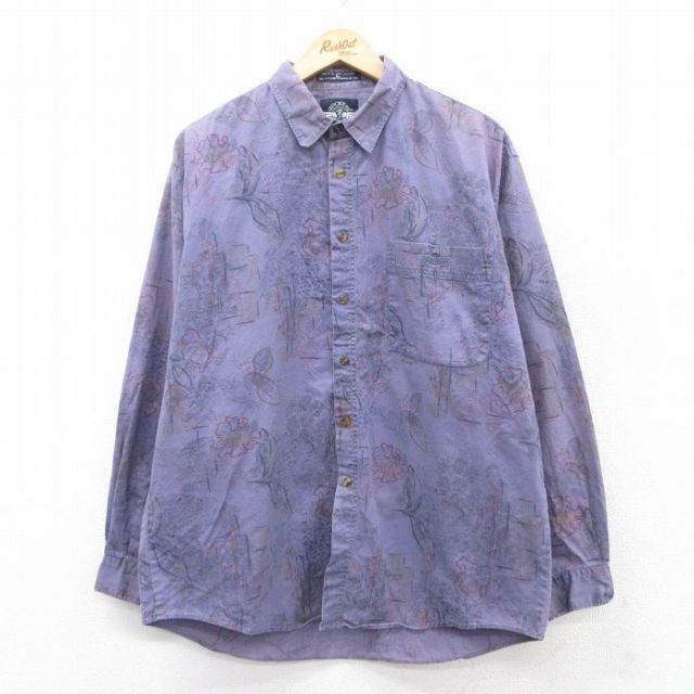 XL★古着 ドッカーズ 長袖 ブランド シャツ メンズ 90年代 90s 花 葉 コットン 紫系他 パープル 25mar25 中古 トップス