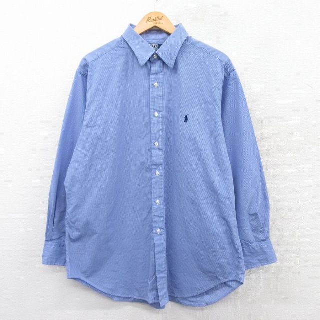 XL★古着 ラルフローレン Ralph Lauren 長袖 ブランド シャツ メンズ 90年代 90s ワンポイントロゴ ANDREW 大きいサイズ ロング丈 コットン ボタンダウン 薄紺他 ネイビー チェック 25mar25 中古 トップス