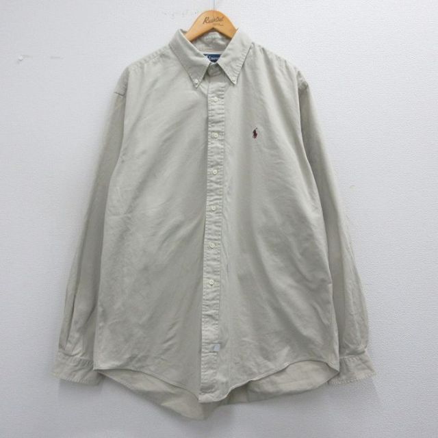 【50%OFF】XL★古着 ラルフローレン Ralph Lauren 長袖 ブランド シャツ メンズ 90年代 90s ワンポイントロゴ 大きいサイズ ロング丈 コットン ボタンダウン ベージュ カーキ 25mar26 中古 トップス