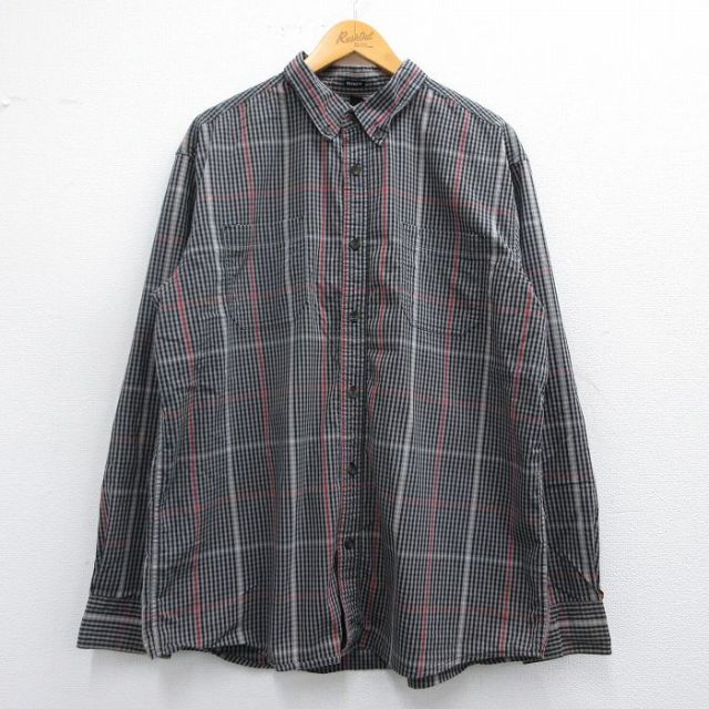 XL★古着 ディッキーズ Dickies 長袖 ブランド シャツ メンズ ロング丈 ボタンダウン グレー他 チェック 25mar26 中古 トップス