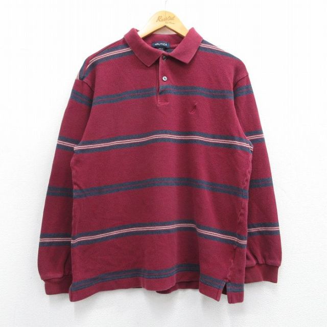 M★古着 ノーティカ NAUTICA 長袖 ブランド ポロ シャツ メンズ ワンポイントロゴ 鹿の子 コットン エンジ他 25mar26 中古 トップス