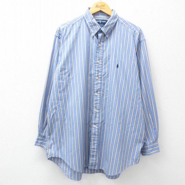 XL★古着 ラルフローレン Ralph Lauren 長袖 ブランド シャツ メンズ 90年代 90s YARMOUTH ワンポイントロゴ オックスフォード 大きいサイズ ロング丈 コットン ボタンダウン 紺他 ネイビー ストライプ 25mar27 中古 トップス