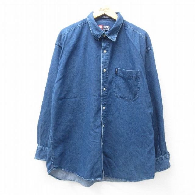 XL★古着 ラルフローレン Ralph Lauren チャップス 長袖 ブランド シャツ メンズ 90年代 90s 大きいサイズ ロング丈 コットン 紺 ネイビー デニム 25mar27 中古 トップス