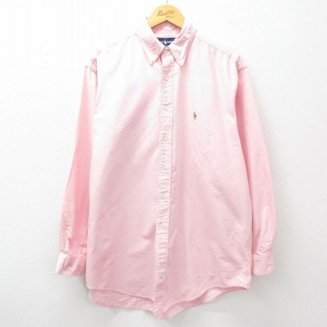 XL★古着 ラルフローレン Ralph Lauren 長袖 ブランド シャツ メンズ 90年代 90s YARMOUTH ワンポイントロゴ オックスフォード 大きいサイズ ロング丈 コットン ボタンダウン ピンク 25mar27 中古 トップス