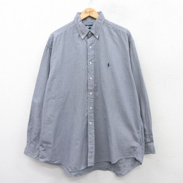 XL★古着 ラルフローレン Ralph Lauren 長袖 ブランド シャツ メンズ 90年代 90s BLAKE ワンポイントロゴ 千鳥格子 大きいサイズ コットン ボタンダウン 紺他 ネイビー チェック 25mar27 中古 トップス