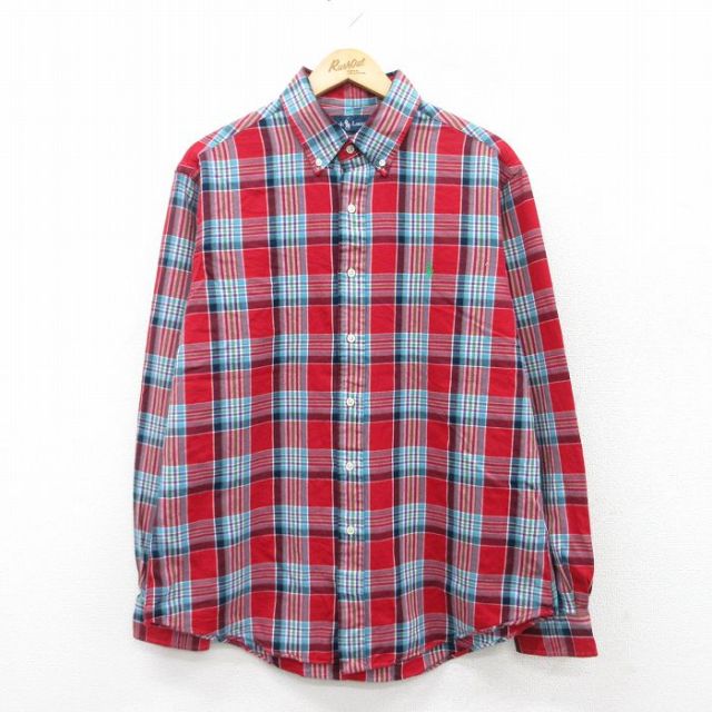 L★古着 ラルフローレン Ralph Lauren 長袖 ブランド シャツ メンズ 90年代 90s ワンポイントロゴ コットン ボタンダウン 赤他 レッド チェック 25mar27 中古 トップス