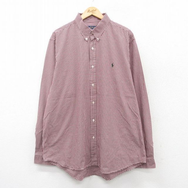 【50%OFF】XL★古着 ラルフローレン Ralph Lauren 長袖 ブランド シャツ メンズ ワンポイントロゴ 大きいサイズ ロング丈 ボタンダウン エンジ他 ギンガム チェック 25mar27 中古 トップス