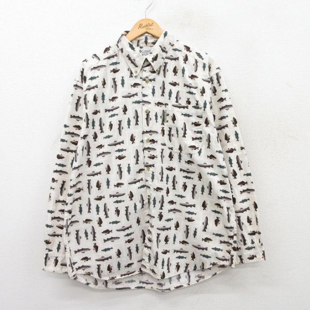 【50%OFF】XL★古着 コロンビア COLUMBIA 長袖 ブランド シャツ メンズ 90年代 90s 魚 総柄 コットン ボタンダウン ベージュ他 カーキ 25mar27 中古 トップス