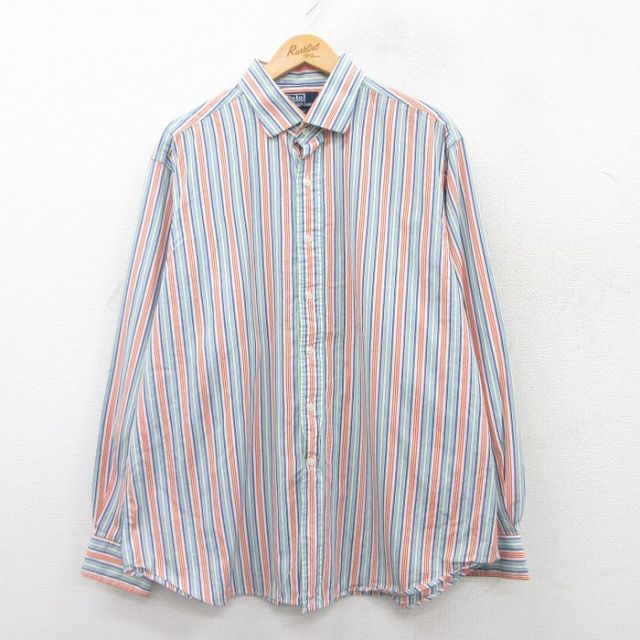 【50%OFF】XL★古着 ラルフローレン Ralph Lauren 長袖 ブランド シャツ メンズ 90年代 90s REGENT 大きいサイズ コットン 薄紺他 ネイビー ストライプ 25mar27 中古 トップス