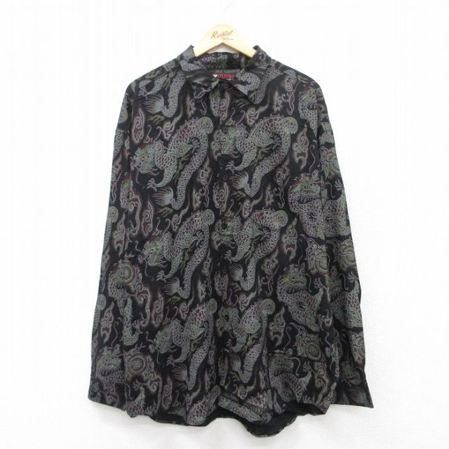 XL★古着 ゲス GUESS 長袖 ブランド シャツ メンズ 龍 大きいサイズ ロング丈 レーヨン 黒 ブラック 25mar27 中古 トップス