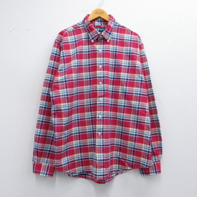 【50%OFF】XL★古着 ラルフローレン Ralph Lauren 長袖 ブランド シャツ メンズ 90年代 90s ワンポイントロゴ 大きいサイズ コットン ボタンダウン 赤他 レッド チェック 25mar27 中古 トップス