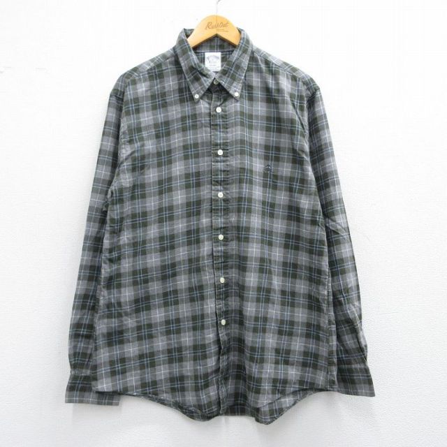 XL★古着 ブルックスブラザーズ BROOKS BROTHERS 長袖 ブランド シャツ メンズ ワンポイントロゴ コットン ボタンダウン 緑他 グリーン チェック 25mar27 中古 トップス
